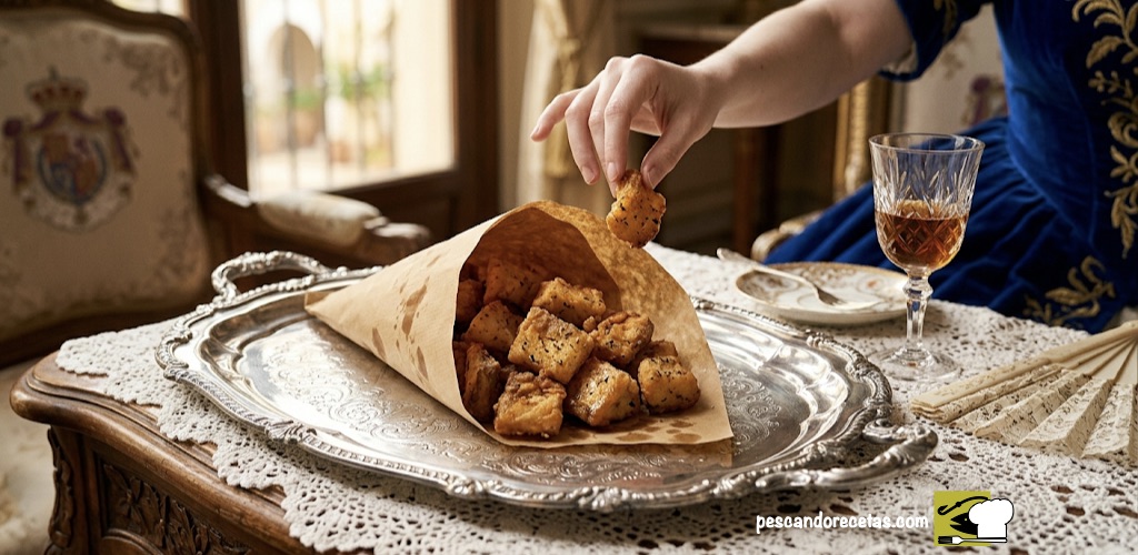 Adobo en cartucho de papel de estraza sobre bandeja de plata fina y encaje de palacio.
