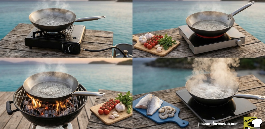 Cuatro escenas comparativas de cocción en wok sobre una terraza: gas portátil, vitrocerámica, fuego directo y placa de inducción. Se observa la eficiencia de la inducción con agua hirviendo rápidamente frente al mar.