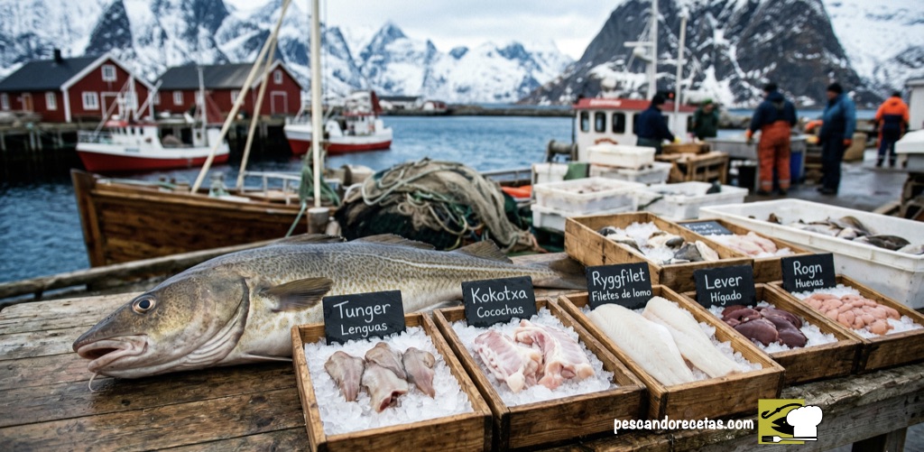 Una mesa rústica de pescadores noruegos en el puerto, mostrando un bacalao Skrei despiezado en cajones con hielo: lenguas, cocochas, filetes y espinas separadas.