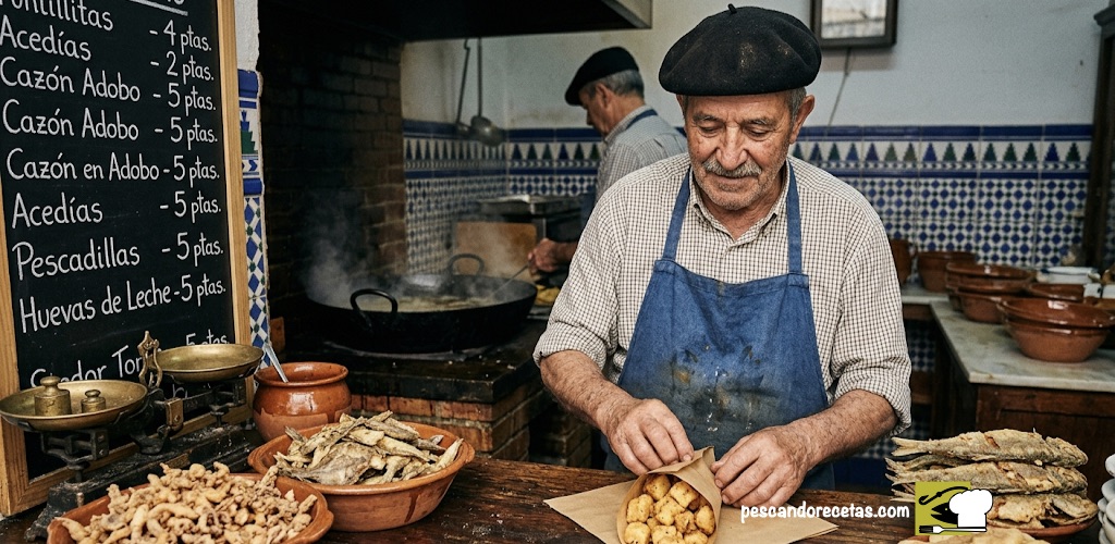 Maestro freidor gallego preparando un cucurucho de papel de estraza con fritura de pescado.