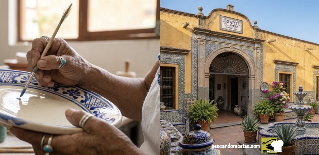 Detalle de primer plano de manos artesanas pintando un plato de Talavera con pincel de plumas, junto a la fachada de Uriarte Talavera en Puebla.