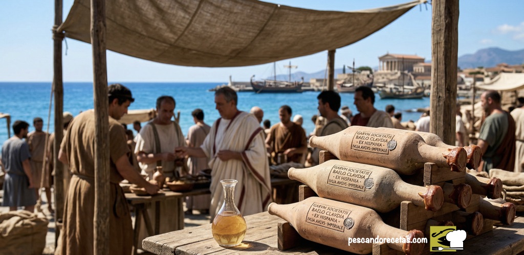 Pescado fresco y ánforas de salsa Garum en un mercado de la antigua ciudad romana de Baelo Claudia, con el mar de fondo.