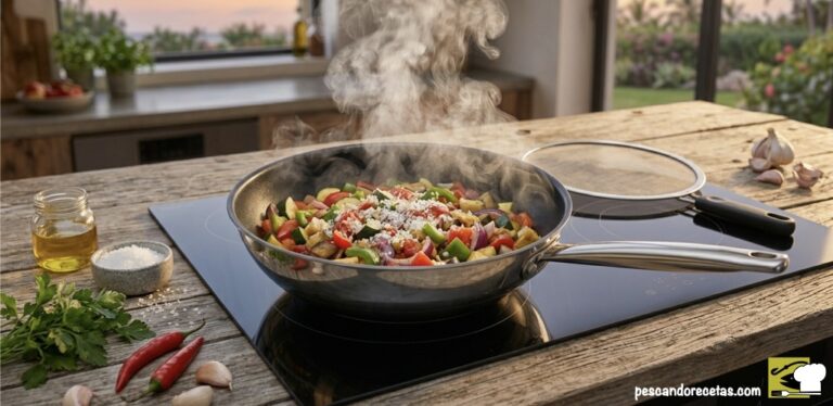 Primer plano de un wok de IKEA con exterior de acero inoxidable brillante cocinando un pisto de vegetales colorido sobre una placa de inducción negra integrada en una encimera de madera rústica. Se observa el vapor saliendo del wok y una malla antisalpicaduras al fondo, con el logo de pescandorecetas.com en la esquina inferior derecha de la imagen.