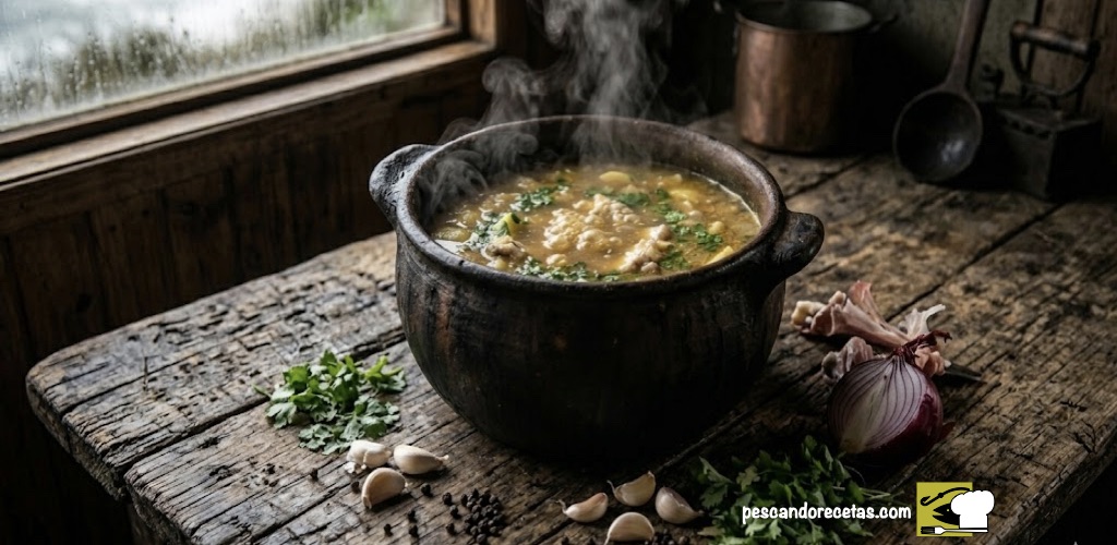 Olla de greda con caldillo de congrio recién hecho sobre mesa de madera rústica con ajos, cebolla y cilantro.