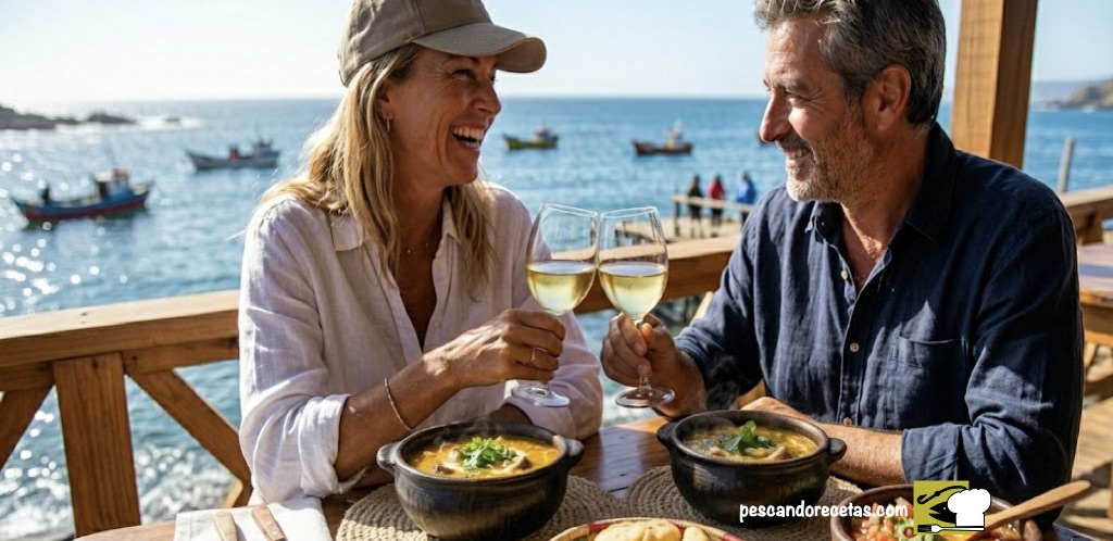 Pareja feliz brindando con vino blanco frente a dos cazuelas de caldillo de congrio en terraza soleada con vista al mar y pebre.