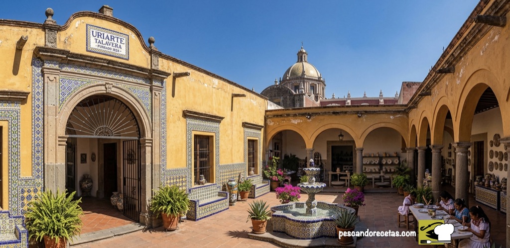 Vista panorámica del patio colonial de Uriarte Talavera en Puebla, con su fuente central, arco de piedra, azulejos y la cúpula de una iglesia al fondo.