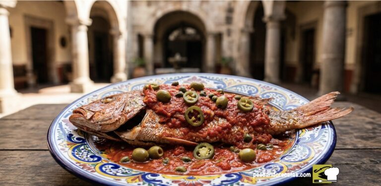 Pescado a la veracruzana en plato de Talavera poblana con patio colonial de fondo.