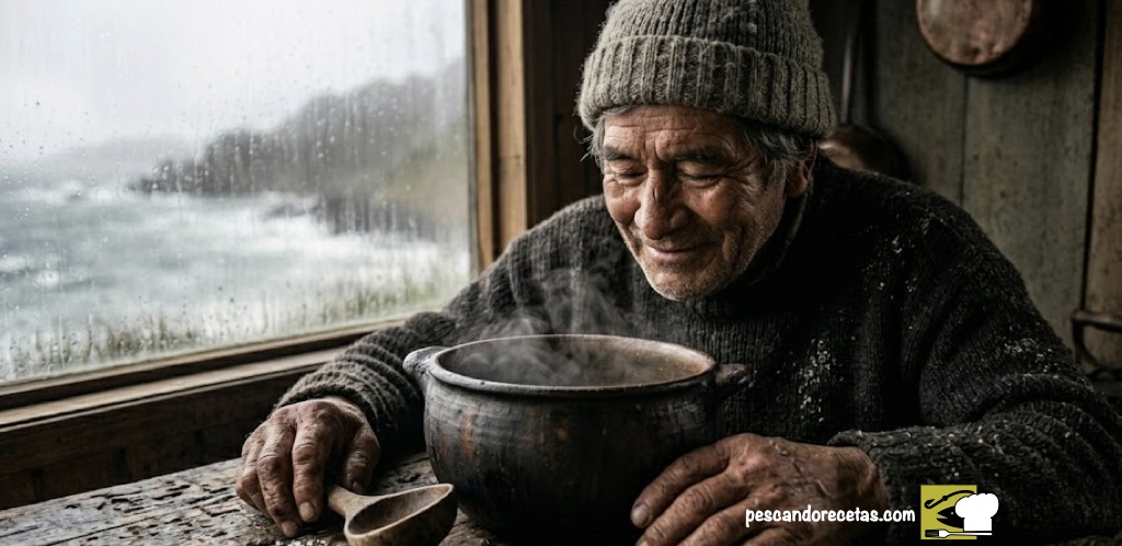Pescador artesanal chileno sonriendo con satisfacción frente a un cuenco de greda vacío y humeante en una caleta.
