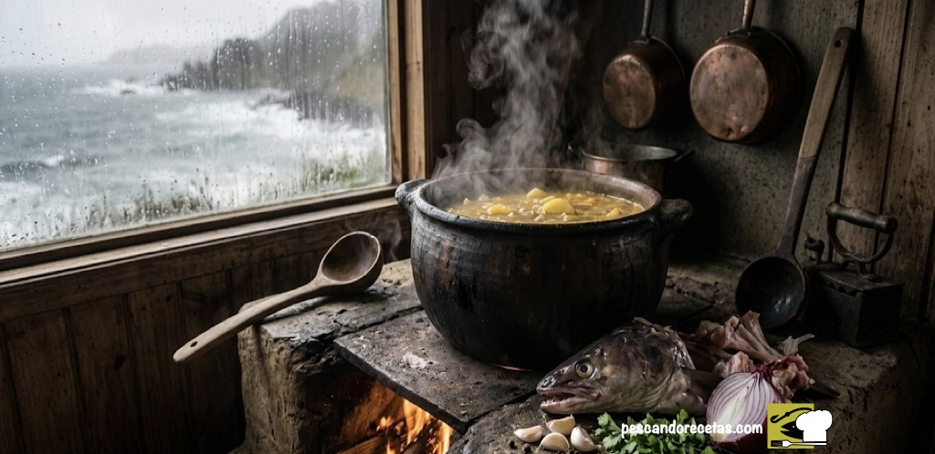 Olla de greda humeante cocinando caldillo de congrio en cocina rústica frente a una ventana con vista al mar tormentoso.