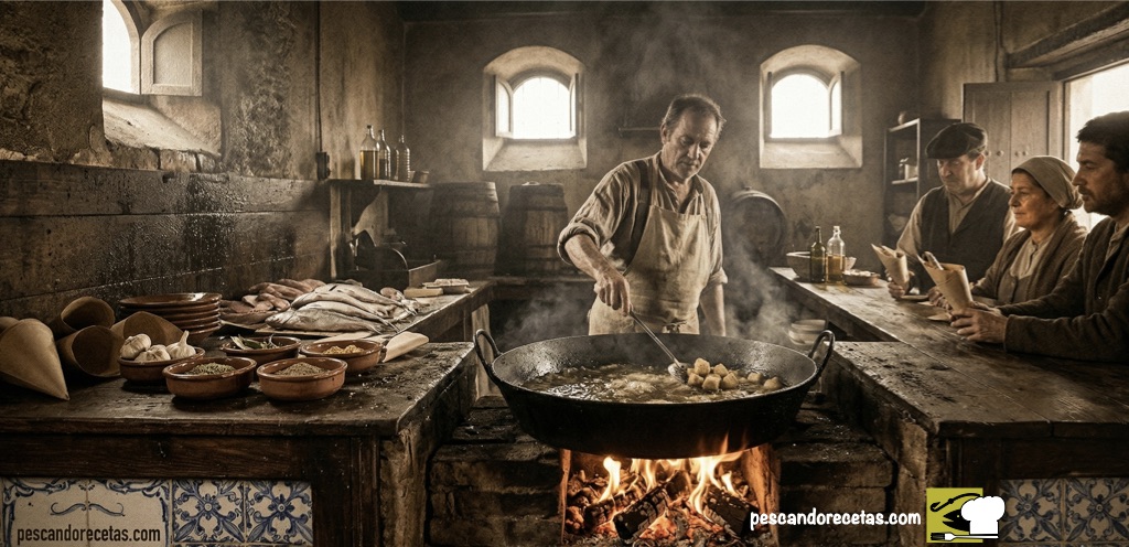 Recreación de un antiguo freidor gaditano con perol de hierro y técnica de fritura tradicional.