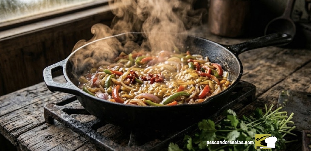 Sofrito de cebolla, pimientos y ají colorado burbujeando en paila de hierro fundido con vapor y cilantro fresco al lado.