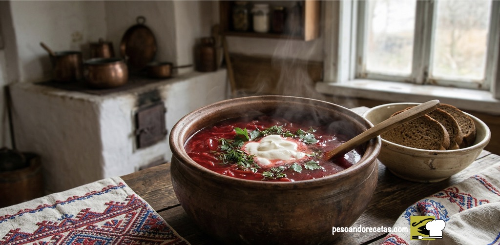 Olla de barro con sopa Borscht roja y nata agria sobre mesa de madera y mantel artesanal.
