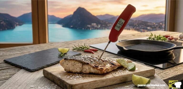 Termómetro digital rojo insertado en un filete de lubina perfectamente dorado, marcando 63°C de temperatura interna. Escena profesional sobre tabla de madera en cocina de vanguardia frente al mar.