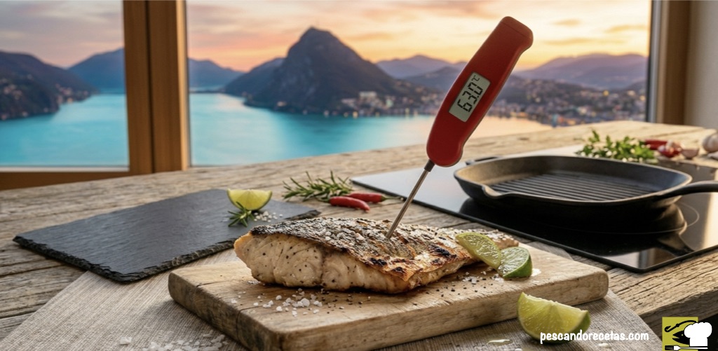 Termómetro digital rojo insertado en un filete de lubina perfectamente dorado, marcando 63°C de temperatura interna. Escena profesional sobre tabla de madera en cocina de vanguardia frente al mar.