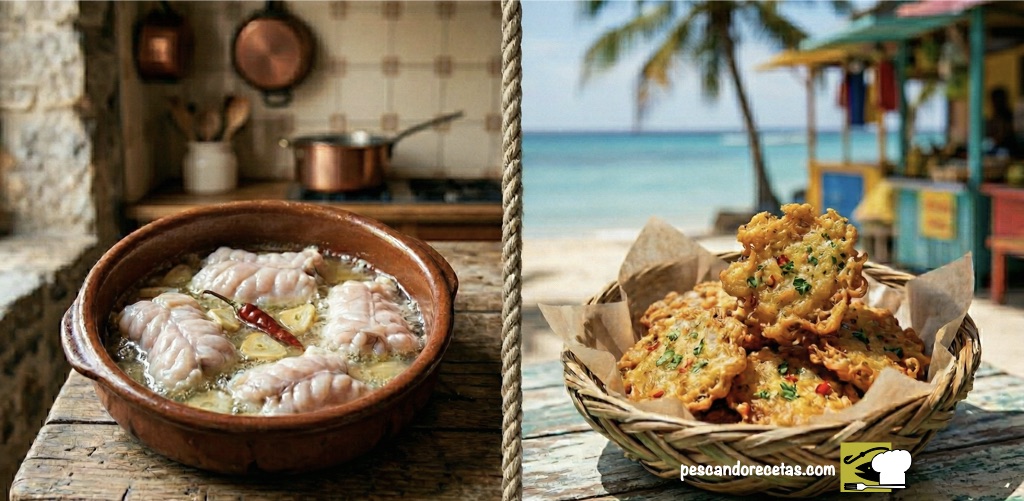 Composición visual que muestra una cazuela de barro con bacalao al pil-pil (tradición vasca) y un canasto con bacalaítos fritos crujientes (fiesta caribeña), unidos por una cuerda marinera.
