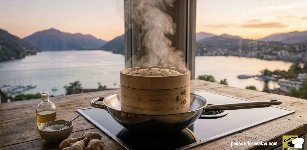 Primer plano de una vaporera de bambú de dos pisos dentro de un wok de acero inoxidable sobre una placa de inducción. Vapor nítido saliendo de la cesta en una cocina con vistas panorámicas al atardecer y al mar.