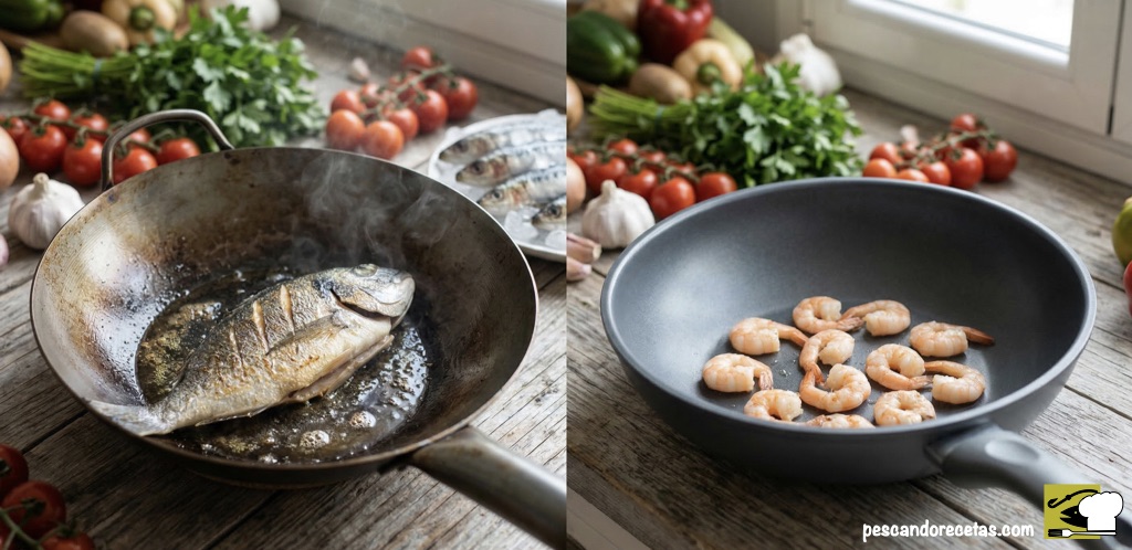 Un primer plano comparativo sobre una encimera de cocina que ilustra cómo elegir un wok ideal: a la izquierda, un wok de acero al carbono sazonado sellando un filete de dorada con calor intenso ('Wok Hei'), y a la derecha, un wok antiadherente genérico cocinando camarones a fuego medio.