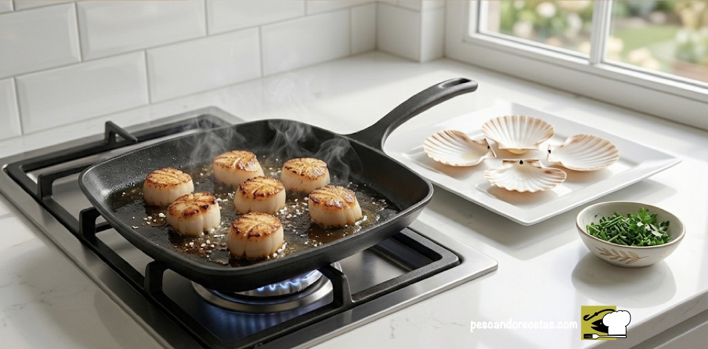Primer plano de vieiras sellándose en una sartén sobre placa de gas, mostrando una costra dorada y jugosa, con sus conchas dispuestas en un plato de porcelana y un pote de cerámica al lado, conteniendo cebollino y cilantro picado. Todo sobre una encimera de cuarzo blanco veteado.