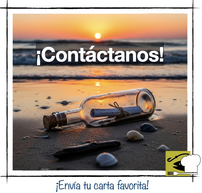 Imagen de una botella de cristal con un mensaje dentro sobre la arena húmeda de la playa, rodeada de caracoles marinos durante un atardecer dorado. Concepto de contacto y comunicación en Pescandorecetas.