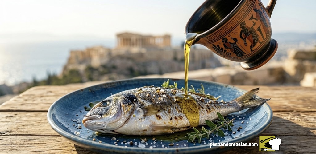 Primer plano de una dorada a la plancha servida en plato azul con hierbas frescas, mientras una mano vierte aceite de oliva desde un jarrito oinochoe griego antiguo, con la Acrópolis de Atenas al fondo.