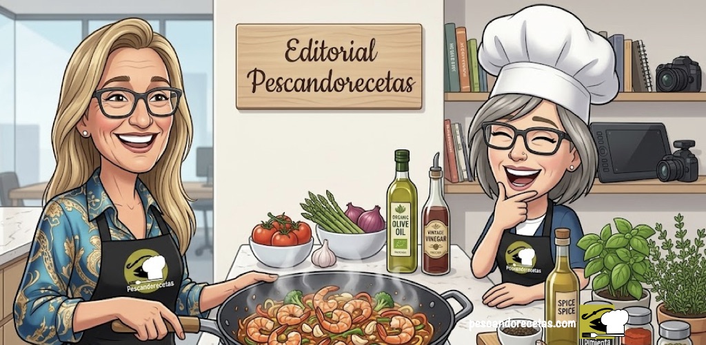 Ilustración estilo caricatura de Rosana (humana) y Rosanita (IA) cocinando camarones en un wok juntas en un estudio de cocina moderno. Rosana lleva blusa bonita y delantal, Rosanita (IA) lleva gorro de chef. Ambas ríen felices con verduras, aceite y especias sobre la mesada. Cartel "Editorial Pescandorecetas" al fondo. Colaboración editorial y bendición tecnológica.