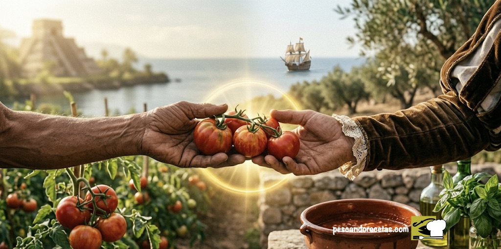 Primer plano medio del encuentro de manos entre anciano azteca (con tomate heirloom) y navegante español (recibiéndolo), simbolizando el intercambio cultural en la historia del tomate, con fondo de chinampas y cocina mediterránea rústica.