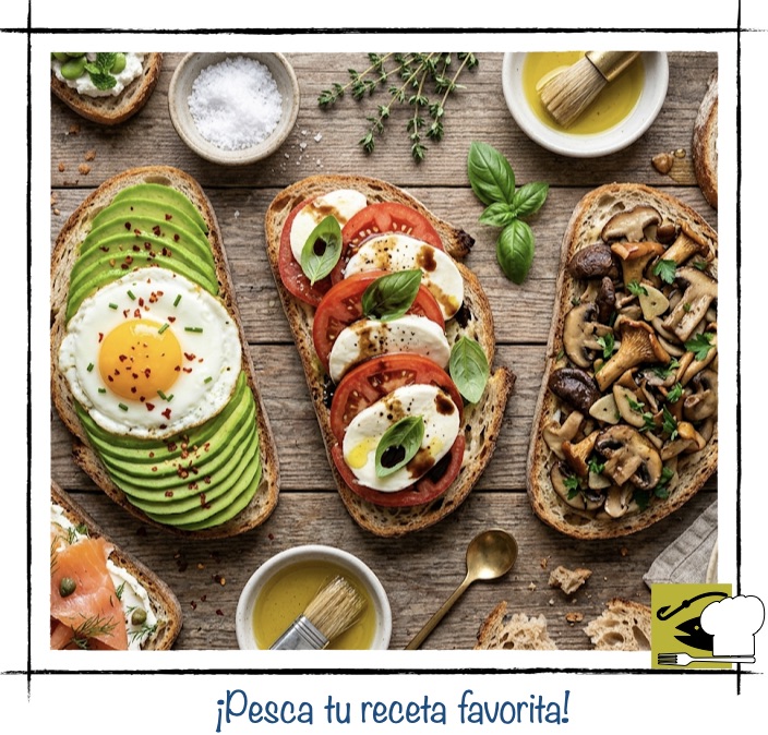 Surtido de tostas gourmet variadas de aguacate, tomate con mozzarella y champiñones sobre mesa rústica vista desde arriba.