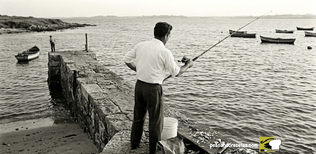 Pescador de espaldas Domingo Agustín Romano "Minguito" con camisa blanca y pantalón oscuro pescando con caña y reel en el Puertito del Buceo, Montevideo años 60.