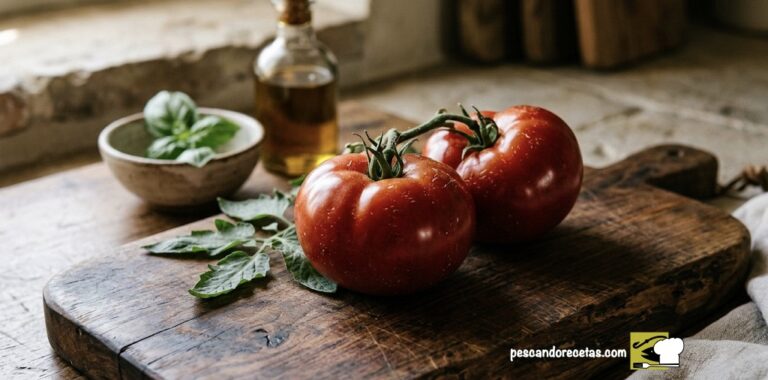 Dos tomates maduros sobre madera rústica ilustrando la historia del tomate y su origen como manzana de oro.
