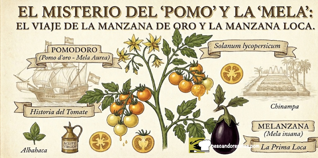 Ilustración botánica histórica estilo siglo XVI comparando tomates amarillos originales, etiquetados como Pomodoro y Mala Aurea, con una berenjena oscura, etiquetada como Melanzana y Mela insana, sobre papel envejecido.