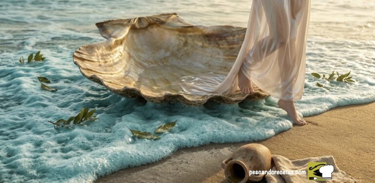 Venus bajando de una gran concha de vieira en el mar al atardecer, historia de la vieira.