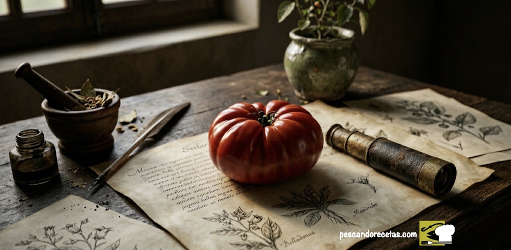 Un tomate central sobre pergamino antiguo con caligrafía latina y dibujos de belladona, junto a un telescopio antiguo, representando el error científico en la historia del tomate que lo clasificó como veneno.