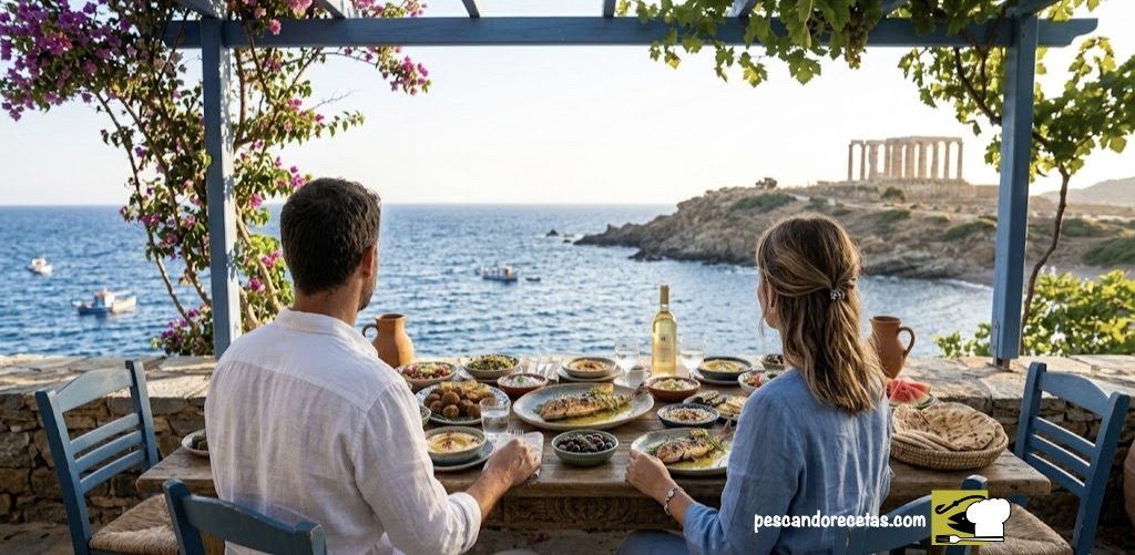 Una toma desde atrás de una pareja cenando en una terraza rústica de una taberna griega al atardecer, mirando hacia el mar Egeo y unas ruinas antiguas. La mesa está llena de boles de Mezze y cada uno tiene un plato con un salmonete entero. Estilo de vida mediterráneo auténtico.