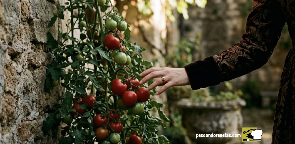 Primer plano de mano de dama noble europea en el siglo XVII dudando ante una planta de tomate, ilustrando el recibimiento frío y el inicio de la historia del tomate en Europa.