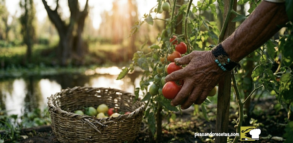 Mano de anciano indígena recolectando tomates en una chinampa de Tenochtitlán con canasto rústico muestran los inicios de la historia del tomate.
