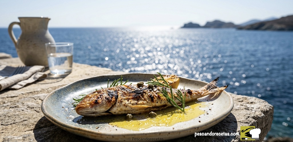 Toma cenital de un salmonete perfectamente cocinado a la plancha, servido en un plato de cerámica artesanal sobre una mesa de piedra. Está aderezado con una emulsión de aceite y limón y samphire marino. De fondo, el mar Egeo brillante y desenfocado.