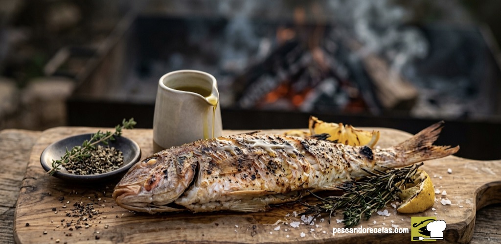 Un primer plano de un salmonete de roca entero cocinado a la parrilla de leña, descansando sobre una tosca tabla de madera de olivo. La piel está crujiente y tostada. Al lado, aceite de oliva virgen y pimienta negra. Ambiente ahumado y rústico.