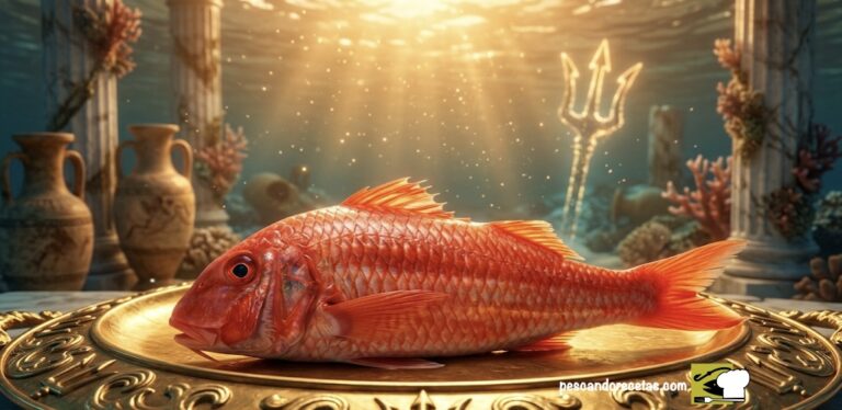 Un primer plano de un salmonete de roca fresco y rojo sobre una bandeja de oro grabada con tridentes, sumergida en un entorno submarino mítico con ruinas griegas y el tridente de Poseidón al fondo.