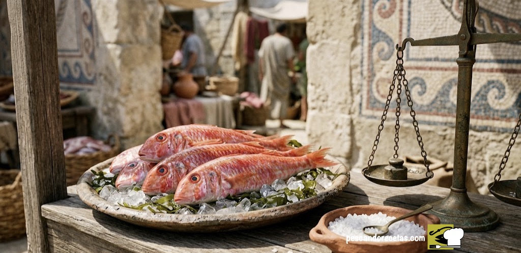 Varios salmonetes frescos y vibrantes sobre una cama de hielo y algas en un puesto de mercado de la antigua Roma. Al lado, un cuenco rústico con escamas de sal marina y una balanza de bronce antigua. Fondo con mosaicos difuminados.