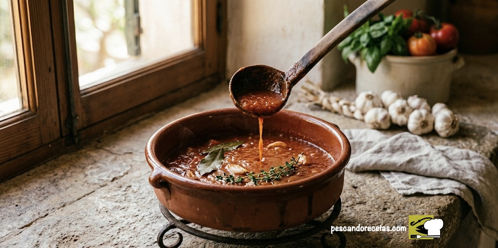 Cazuela de barro con salsa de tomate burbujeando y cucharón de madera, ilustrando la historia del tomate frito y la tradición culinaria en España.