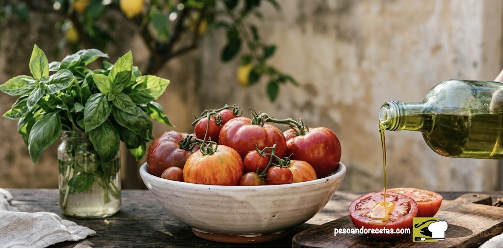 Bodegón rústico con tomates heirloom, albahaca fresca y aceite de oliva virgen, representando la historia del tomate y su éxito en la cocina italiana.