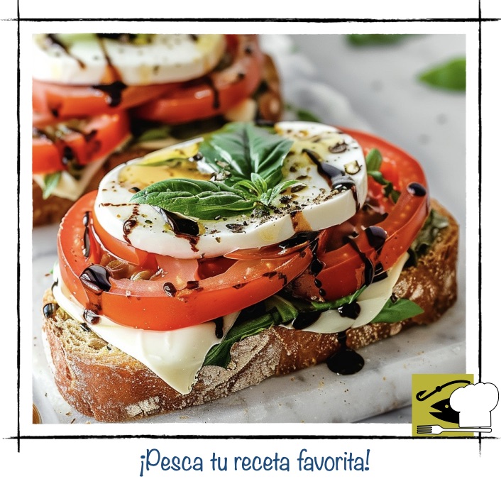 Tosta de tomate y mozzarella Caprese con albahaca fresca y crema de vinagre balsámico