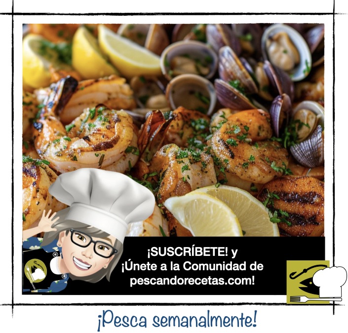 Boletín de Pescandorecetas. Imagen de gambas y almejas a la plancha con un avatar de la foodie Rosana. Texto: ¡SUSCRÍBETE! y ¡Únete a la Comunidad de pescandorecetas.com! ¡Pesca semanalmente!
