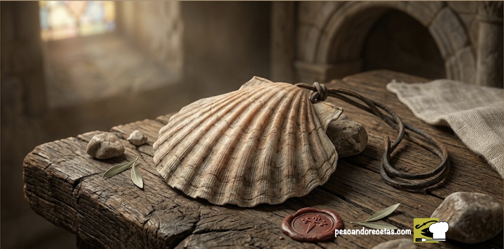 Vieira natural con cordón de cuero sobre mesa de madera rústica junto a un sello de lacre rojo con la Cruz de Santiago, simbolizando el pasaporte del peregrino.