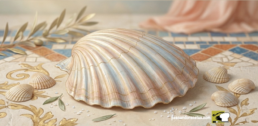 Concha de vieira artística con relieves dorados y tonos pasteles sobre mosaico mediterráneo, evocando el nacimiento de Venus de Botticelli.