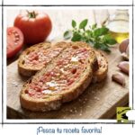 Tostas crujientes de pan con tomate catalán, aceite de oliva y sal marina sobre una tabla de madera rústica.